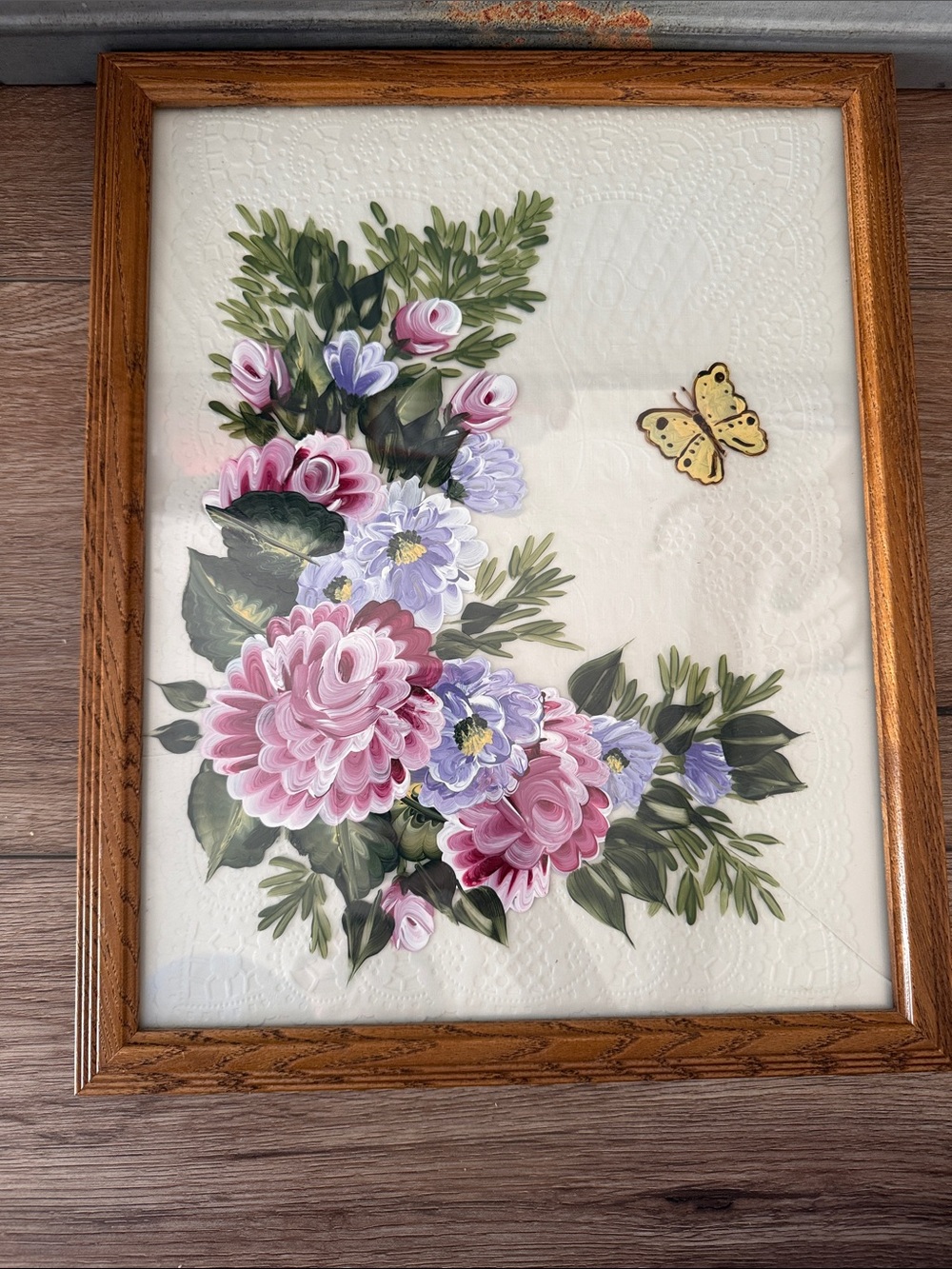 Vintage Hand Painted Framed Floral Painting with Butterfly with lace background